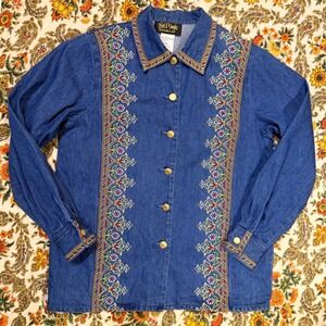 Bob Mackie Vintage Blue Denim Shirt Jacket Floral Embroidered Size Small